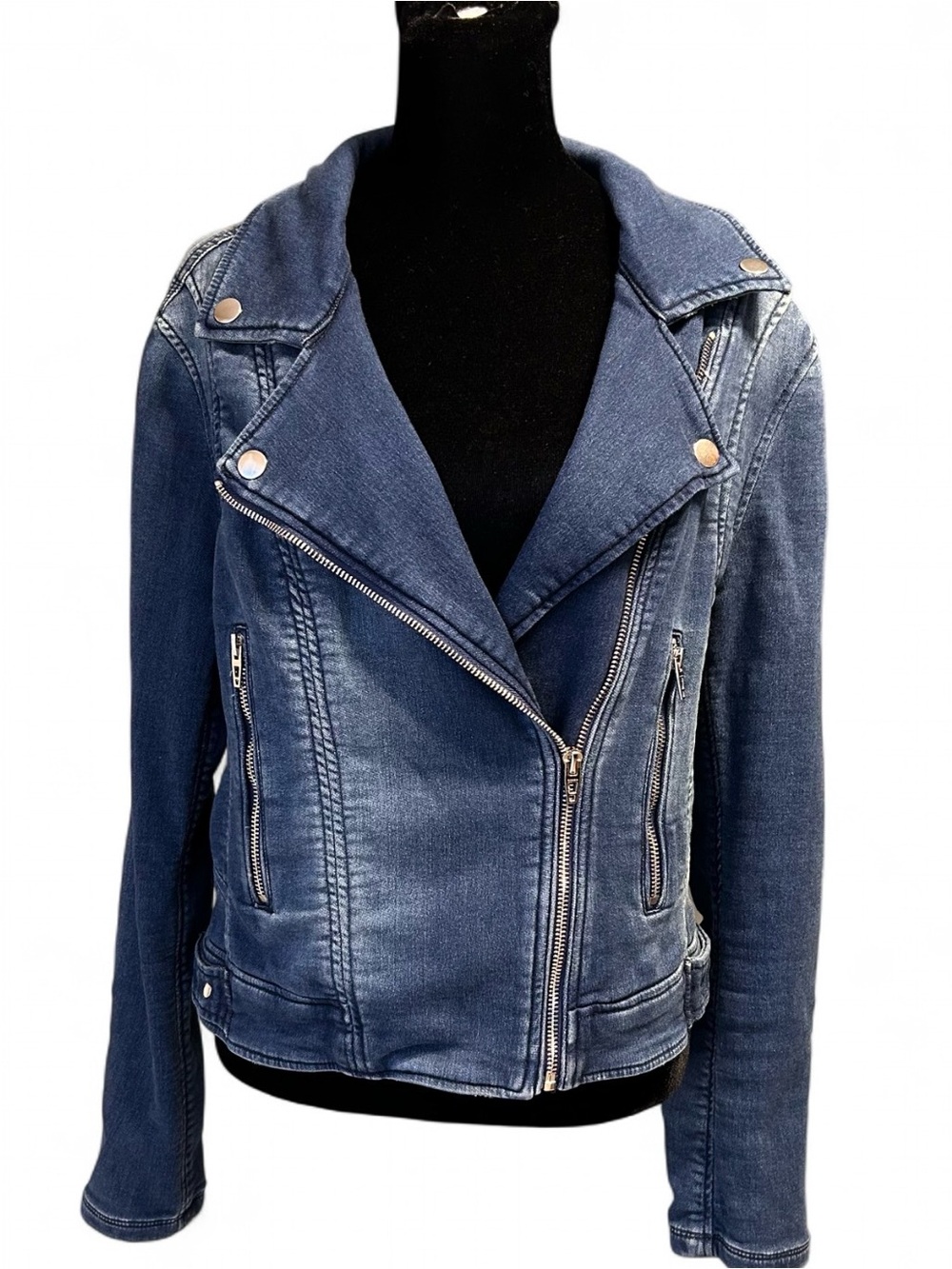 Blank NYC Blue Denim Moto Jacket M, with Pockets and Zippers Long Sleeves w/Zipp - Picture 6 of 8